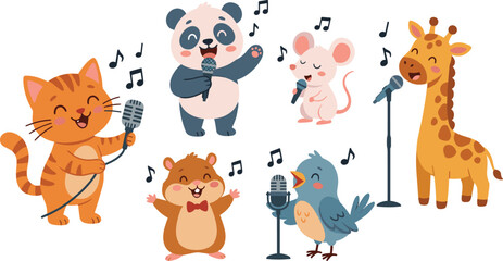 Cute cartoon animal choir singing vector illustration collection featuring happy cat panda mouse giraffe hamster bird character vocalists © Mijanur