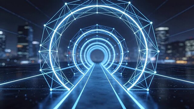 Futuristic glowing tunnel in cityscape