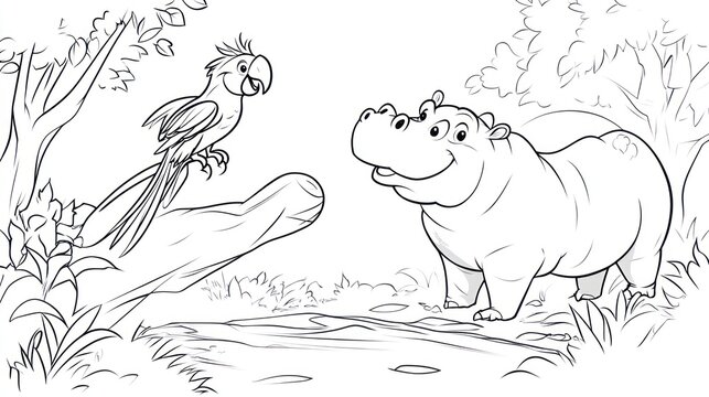 Line drawing of a hippo and parrot in a forest setting. Perfect for coloring book pages