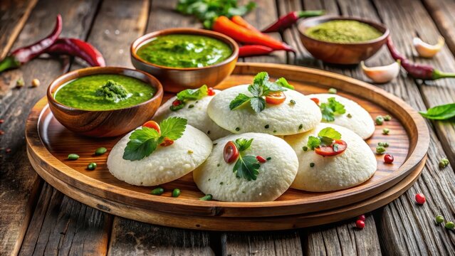 A steaming hot idli topped with a vibrant green chutney and garnished with fresh cilantro is placed artfully on a rustic wooden plate surrounded by an
