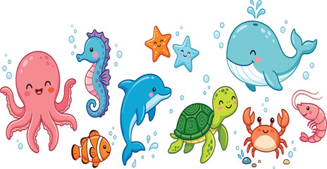 Cute cartoon sea animals vector illustration collection featuring happy octopus seahorse clownfish dolphin starfish turtle whale crab shrimp characters © Mijanur