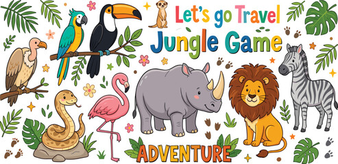Cute cartoon safari jungle wild animals adventure vector illustration banner featuring rhino lion zebra toucan parrot flamingo snake vulture meerkat characters © Mijanur