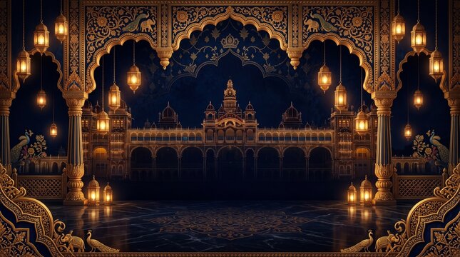 Mysore Dasara, premium seamless royal background featuring intricate Indian palace motifs, glowing lanterns, golden ornaments and subtle palace light reflections on a deep midnight blue texture
