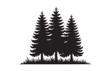 Obraz premium Group of three pine tree silhouettes with grass on transparent background for nature forest landscape.