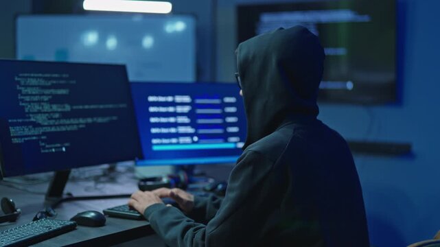Back view of man in hooded sweatshirt typing on keyboard with source code and data on monitors, hacking and cyber crime concept in dark room.