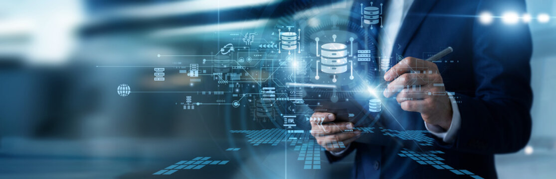 Data scientist working on tablet analyzing complex big data architectures, processing massive cloud datasets, generating predictive analytics charts, and identifying corporate user trends.