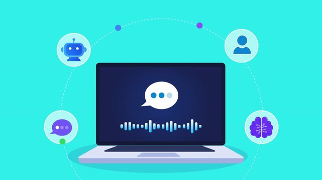 Animated flat vector motion graphic featuring an AI chat support interface on a laptop with chatbot, messaging, user, and neural network icons. Ideal for customer service and artificial intelligence c