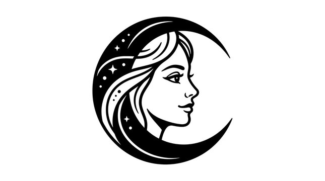 Mystical crescent moon with woman portrait inside for celestial beauty logo art design.