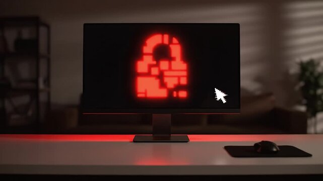 Computer monitor red cyber lock cursor desk, security warning, dark glowing screen, digital password access threat, data protection risk concept, futuristic technology display with blurred red light