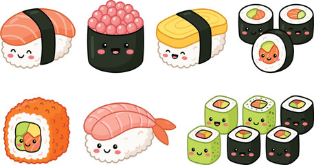 Cute cartoon sushi vector set featuring happy maki rolls nigiri sashimi and ikra characters with funny smiling faces for restaurant menu design © Mijanur