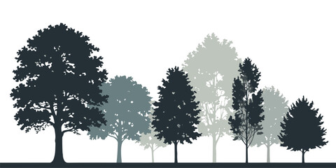 Set of seven different colored silhouettes of trees including deciduous and coniferous species on ground. © Farik