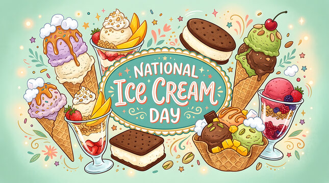 National Ice Cream Day Celebration with Various Flavors and Desserts