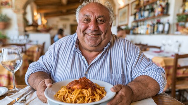 Overweight italian smiling man having spaghetti marinara at a italian restaurant 