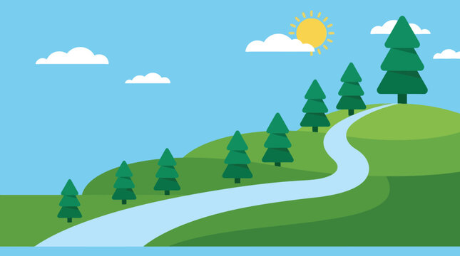Flat vector landscape with pine trees along a winding river and sun