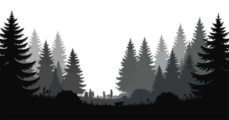 Black silhouette of forest landscape with people and dog for nature scene background or graphic design art. © Farik