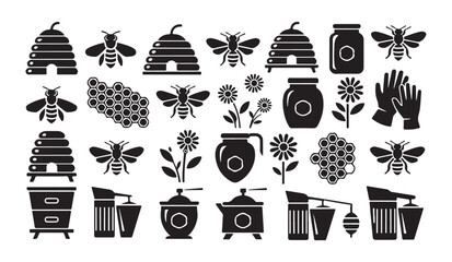 Black and white beekeeping icon set, vector illustration of bee farm equipment collection. © RANA