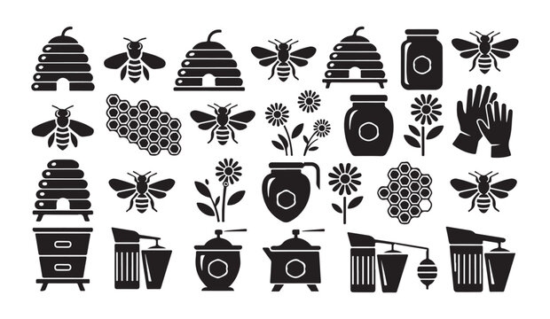 Black and white beekeeping icon set, vector illustration of bee farm equipment collection.