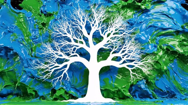 White silhouette of a leafless tree centered on black background with vibrant blue and green paint splashes at the trunk base; detailed bare branches and high contrast.