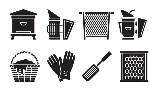 Black and white beekeeping icon set, vector illustration of bee farm equipment collection.