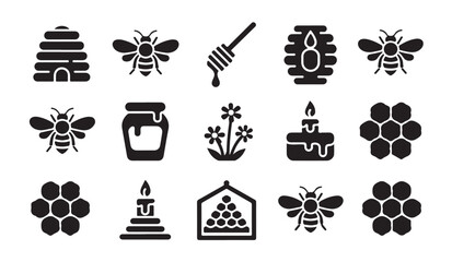 Set of fifteen black silhouette icons related to honey bees hives and beekeeping activities. © RANA