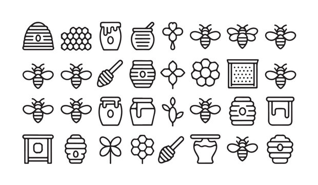 Outline set of honey and beekeeping icons with bees hives and various equipment.