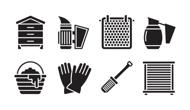 Black glyphs of beekeeping tools beehives honeycomb gloves and honey extractor.