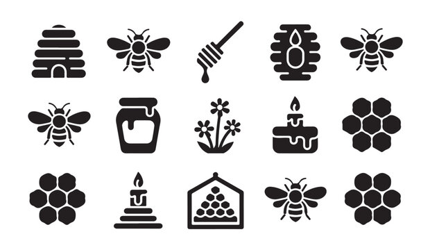 Set of fifteen black silhouette icons related to honey bees hives and beekeeping activities.