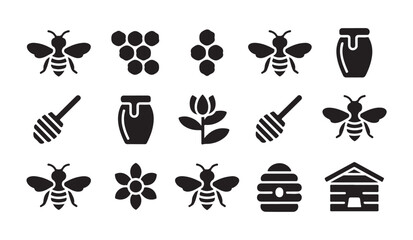 Assortment of honey and bee elements icon set in black and white vector graphics. © RANA