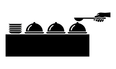 Fototapeta premium Minimalist hotel buffet station icon with serving cloche plates and a spoon on a clean white background hospitality service concept