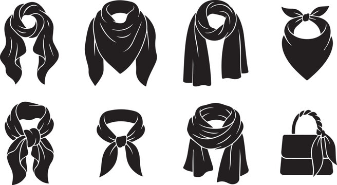 Fashion scarf and bandana tying styles silhouette icon set