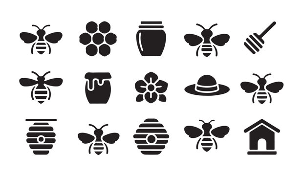 Beekeeping icons set with honey bees honeycomb beehive and natural products vector symbols.