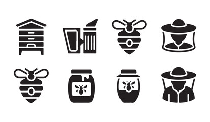 Beekeeper equipment set with protective gear smoker and honey jar icons for farm marketing. © RANA