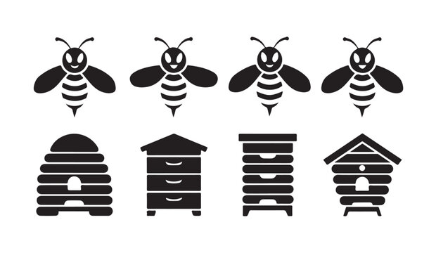 Honey bee character icons with different hive wooden house styles for beekeeping industry.