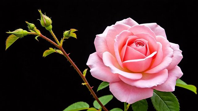 Pink rose with buds and leaves