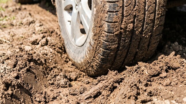 Car Tyre Spun Deep Into Thick Brown Mud Showing Spinning Your Wheels and No Progress