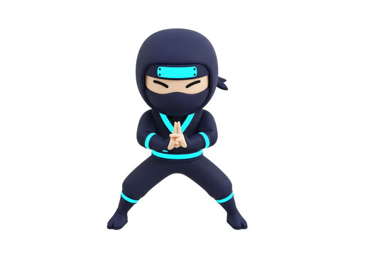 D isometric ninja illustration, cute chibi character performing hand seals