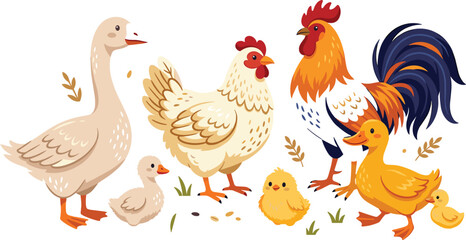 Domestic farm poultry vector set featuring cute cartoon rooster hen goose duck chicks and ducklings village livestock illustrations. © Mijanur
