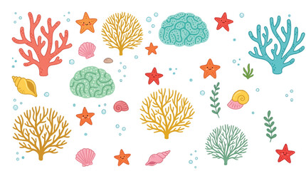 Cute coral reef vector set, hand drawn underwater sea life elements, colorful starfish and seashell collection for marine nursery decor © usman