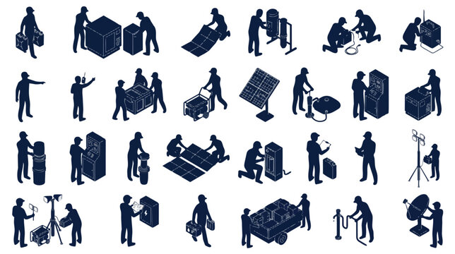 Disaster Relief Off Grid Water Power Deployment Isometric Silhouettes Set