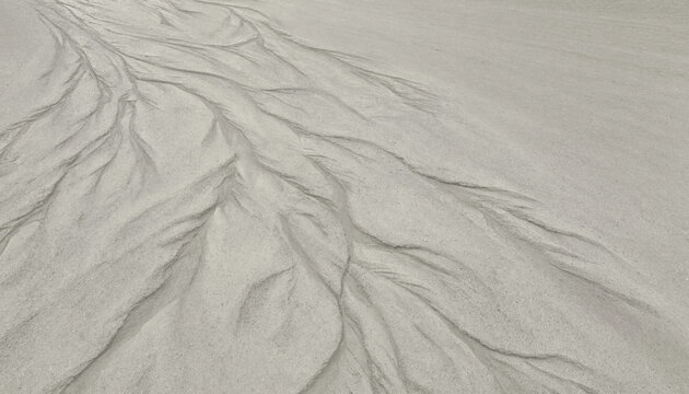 Intricate patterns of water channels carved into light gray sand on a beach, resembling a river delta or branching tree roots from above