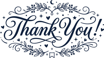 Thank you hand drawn typography lettering vector illustration text with elegant swirl flourish ornaments leaves and stars for greeting card wedding appreciation message banner template © MstKhyrun