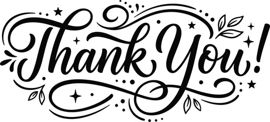 Thank you hand drawn typography lettering vector illustration text with elegant swirl flourish ornaments leaves and stars for greeting card wedding appreciation message banner template © MstKhyrun