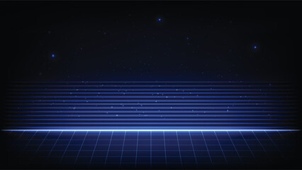 Abstract retro tech style background featuring a glowing blue wireframe grid under a dark night sky © pics3