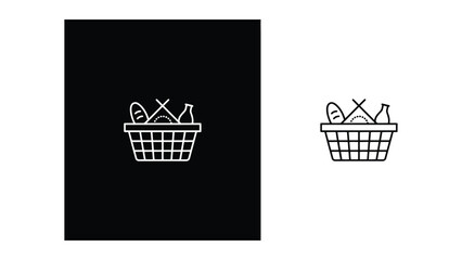 Picnic basket set with bread and food simple black and white line and solid silhouette style for food and travel related themes © SirajulIslam