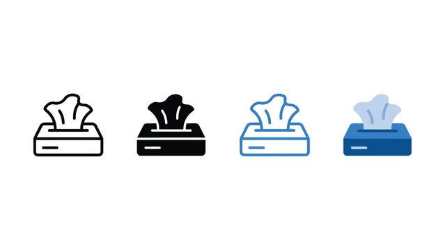 Four of a tissue box with paper pulling out, shown in outline, solid black, blue outline, and blue solid styles on white