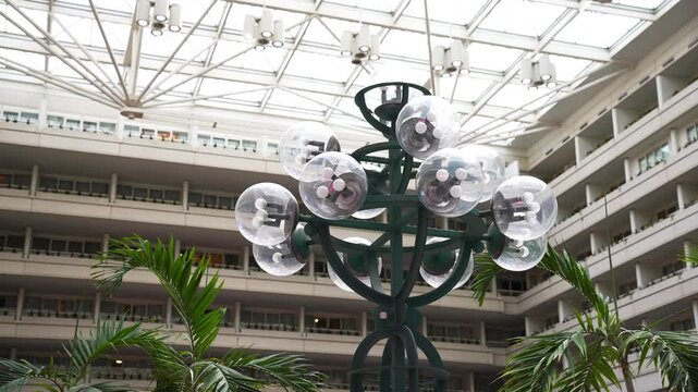 Interior view of Orlando International Airport, featuring a close-up of the the lamp posts.
