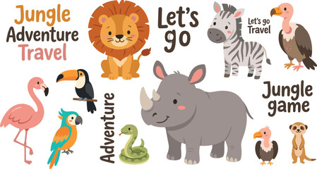 Cute safari jungle animals vector bundle with lion rhinoceros zebra flamingo parrot toucan vulture meerkat and adventure travel text. © Mijanur