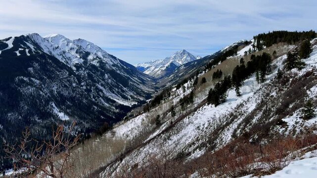 Winter Buttermilk Mountain Aspen Highlands Ski Area resort Cliffhouse Pyramid Peak 14er Elk Mountain Range Colorado panoramic nature landscape Maroon Creek Valley White River National Forest pan left