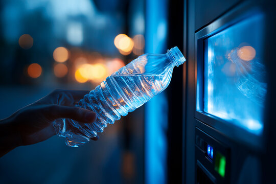 Close-up of a hand inserting an empty plastic water bottle into a reverse vending machine for recycling at night 