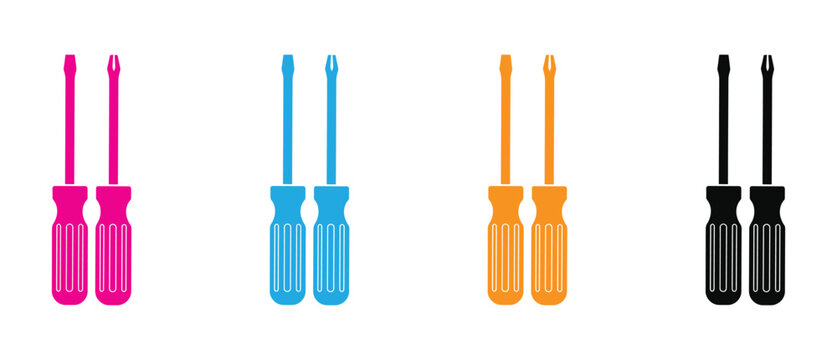 Screwdriver icons Colorful in pink blue orange and black for repair and DIY concepts vector illustration .